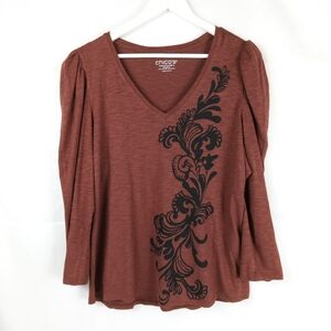 Chico's Scroll Print Romantic Tee Size XL Rust V-Neck Long Sleeve Popover Top